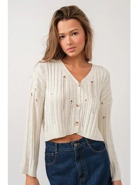 Zara Cream Distressed Cotton Cardigan
